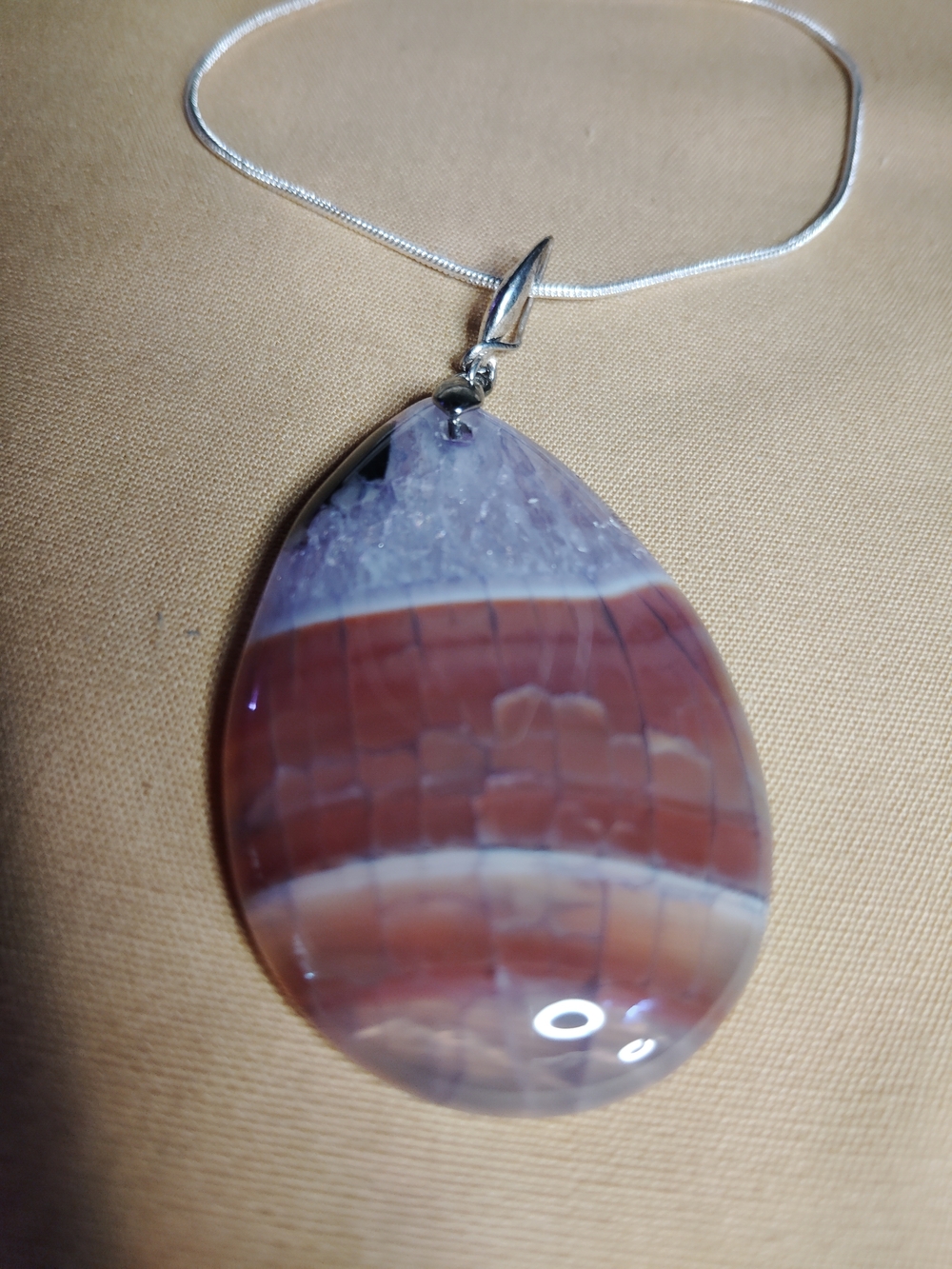 BUMBLEBEE, TEARDROP AGATE PENDANT NECKLACE - LAVENDER AND BROWN 18 IN.